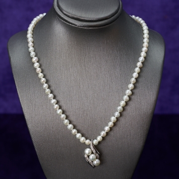 Show details for Cultured Pearl Diamond Pendant Necklace 18in Cultured Pearl Sterling Silver Diamond Pendant Necklace