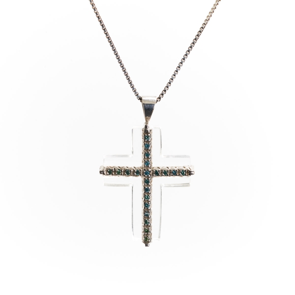 Rock Crystal Quartz Cross with Overlay of Blue Diamonds 22 inch Adjustable Chain UNIQUE RELIGIOUS JEWELRY