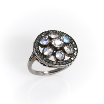 Show details for Blue Diamond Moonstone Ring Sterling Silver Black Rhodium Blue Diamond Rainbow Moonstone Ring