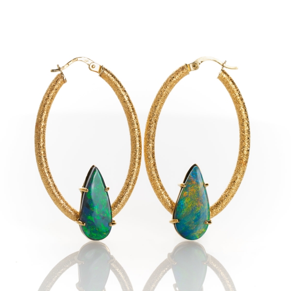 Picture of 18Kt Yellow Gold Australian Black Opal Hoop Earrings