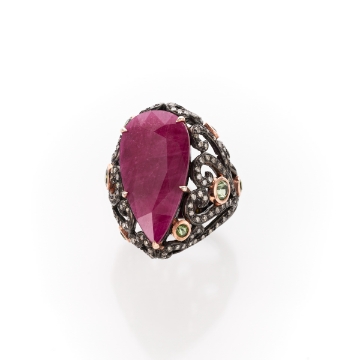 Show details for STERLING SILVER - BLACK RHODIUM - RUBY, DIAMOND, GREEN SAPPHIRE - STATEMENT RING  ★彡 ᴛʜᴇ ғᴇᴇʟɪɴɢ ᴏғ ʀᴏʏᴀʟᴛʏ ɢʀᴀɴᴅᴜᴀʀ ᴡɪʟʟ ғɪʟʟ ʏᴏᴜʀ sᴏᴜʟ 彡★