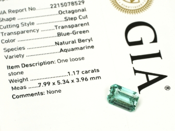 Show details for Aquamarine Blue Green Gemstone 1.17ct w/ GIA Report Natural Untreated Natural Blue Green Aquamarine Emerald Cut Gemstone GIA Report