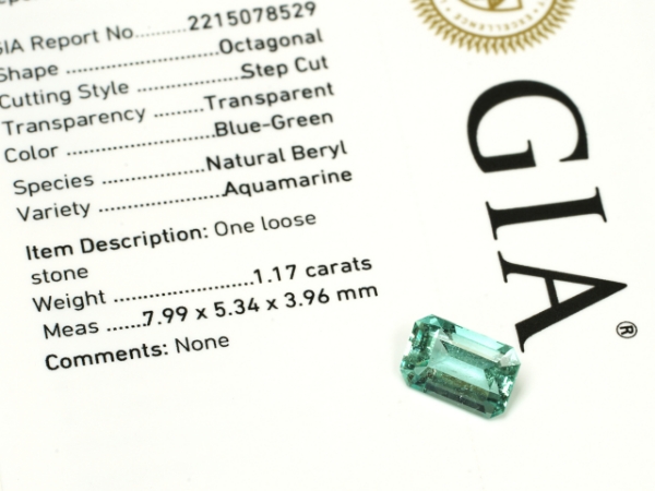 Natural Blue Green Aquamarine Emerald Cut Gemstone GIA Report