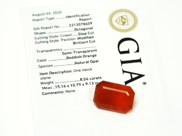 Show details for Fire Opal 50/50 Bi-color Emerald Cut  8.56ct W/ GIA Report Faceted Gemstone Natural Bi-Color Fire Opal 50-50 Emerald Cut Gemstone GIA Report