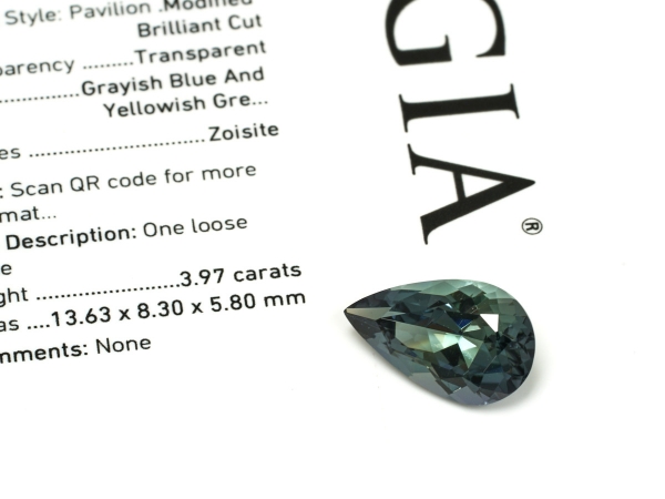 Natural Zoisite Grayish-Blue Yellowish-Green Pear Shape Faceted Gemstone GIA Report