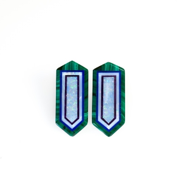 Show details for Intarsia Opal Inlay Hex Art Gemstones Intarsia Signed Number T17 Opal Inlay in Malachite Framed with Lapis Lazuli