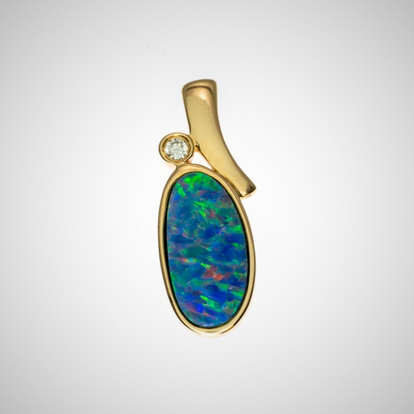 14k Yellow Gold Australian Blue Green Red Opal and Diamond Pendant