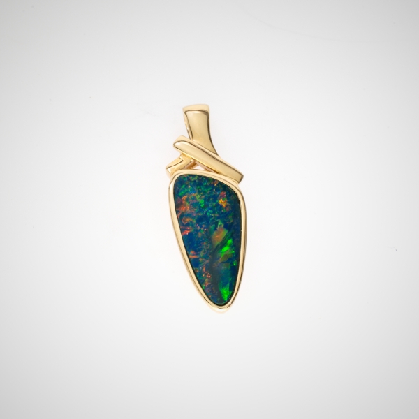 14k Yellow Gold Australian Blue Green Red Opal and Diamond Pendant