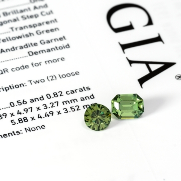 Show details for Demantoid Garnet Gemstone 2pc 1.38ctw W/ GIA Report  G1412060P Demantoid Garnet Gemstones 2pc Round and Octagonal 1.38ctw W/ GIA Report G1412060P