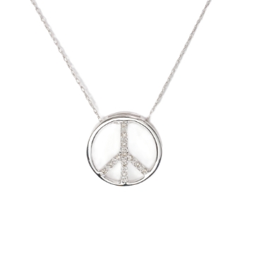 Show details for 10KT White Gold Diamond Peace Sign Necklace 10KW Gold Diamond Peace Pendant & Chain