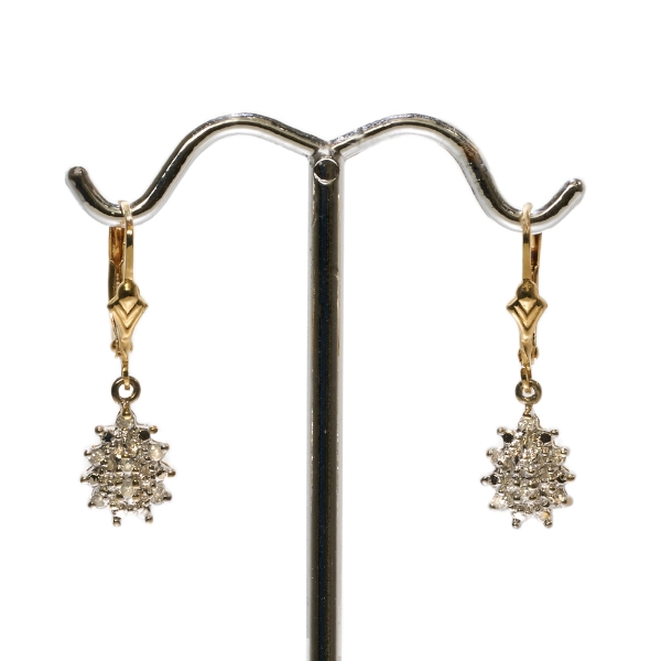 14K WHITE AND GOLD DIAMOND CLUSTER DANGLE EARRINGS