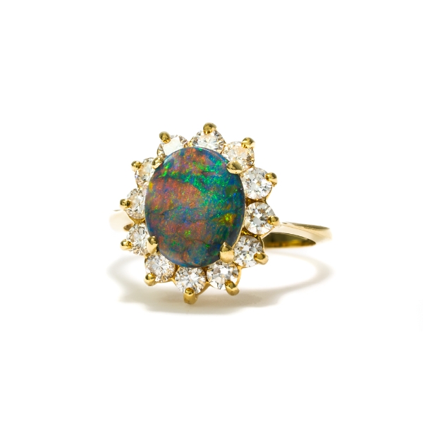 18KY Gold Australian Black Opal with Red Ribbon Pattern Ring with Diamonds