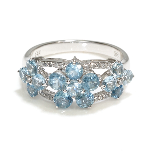 14K White Gold Santa Maria Aquamarine & Diamond Cluster Ring