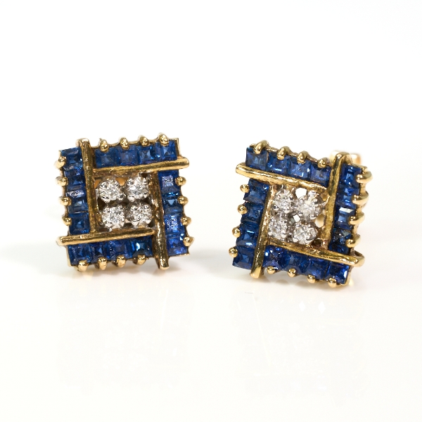 14K Yellow Gold Blue Sapphire Diamond Stud Earrings