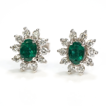 Show details for 14Kt White Gold Natural Emerald & Diamond Blossom Halo Earrings 14K White Gold Natural Emerald and Diamond Halo Style Earrings