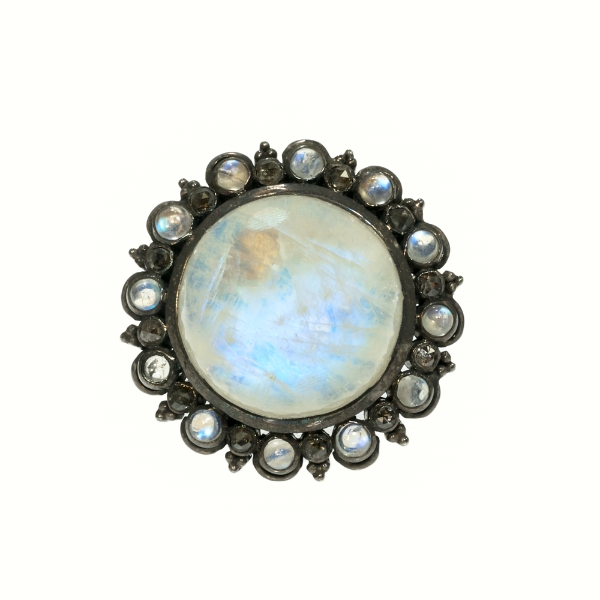 Rainbow Moonstone & Diamond Cabochon Halo Ring Size 6-1/2