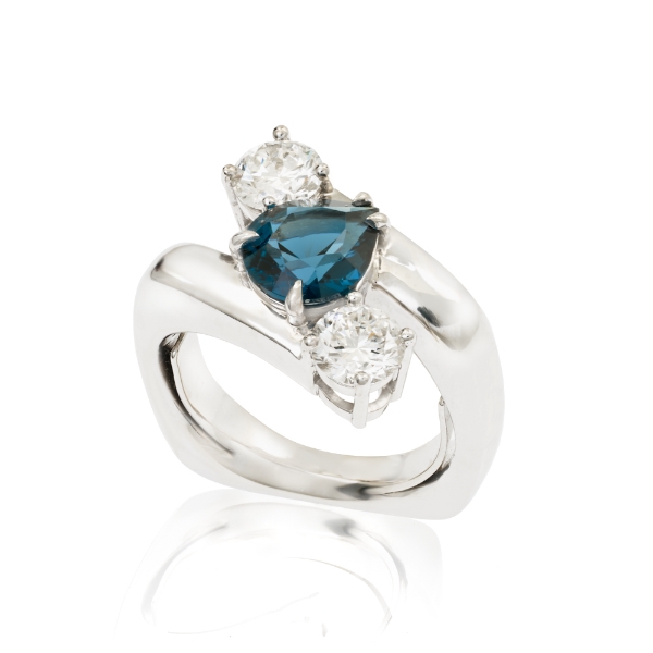 14K White Gold London Blue Topaz & Lab Grown Diamond Ring Size 6-1/2